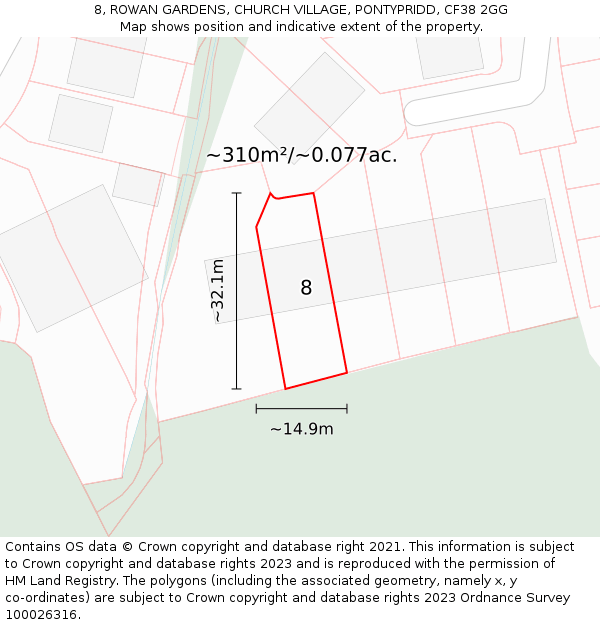 8, ROWAN GARDENS, CHURCH VILLAGE, PONTYPRIDD, CF38 2GG: Plot and title map