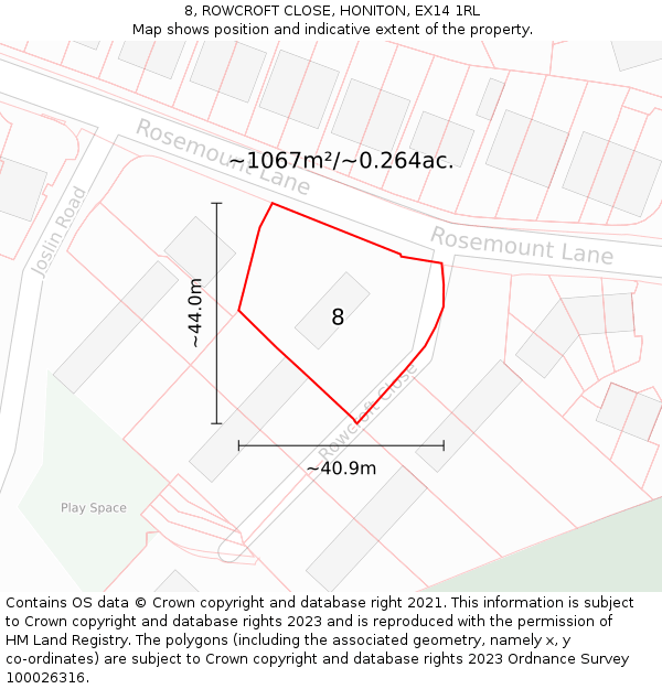 8, ROWCROFT CLOSE, HONITON, EX14 1RL: Plot and title map