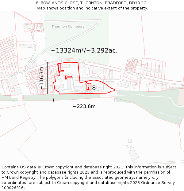 8, ROWLANDS CLOSE, THORNTON, BRADFORD, BD13 3GL: Plot and title map
