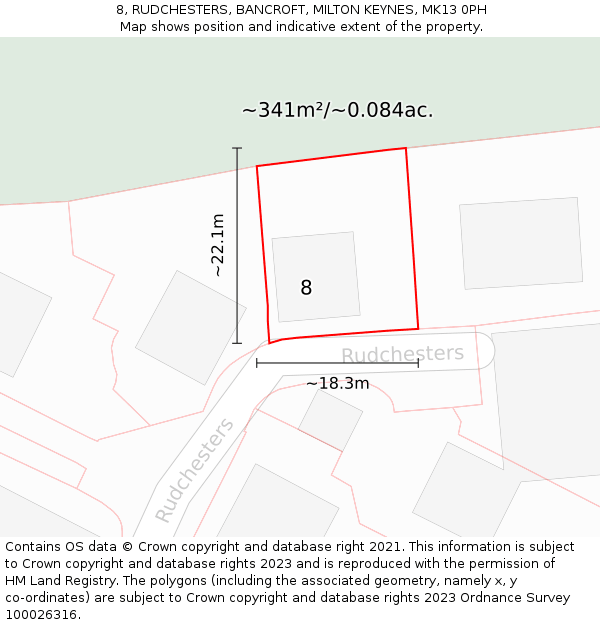 8, RUDCHESTERS, BANCROFT, MILTON KEYNES, MK13 0PH: Plot and title map