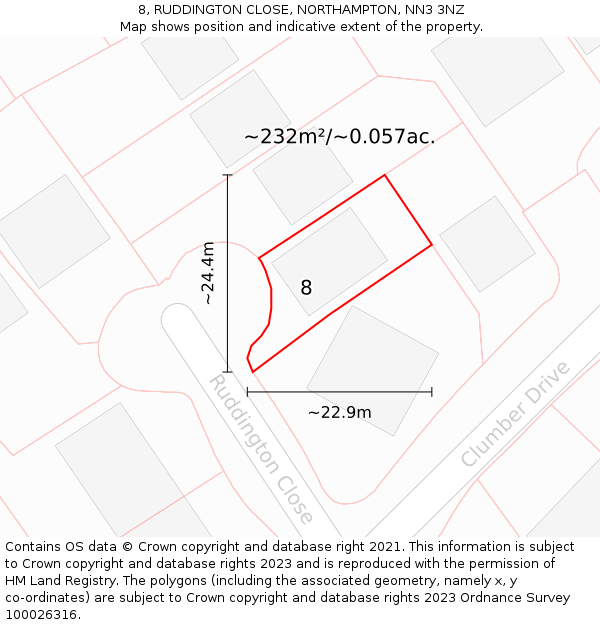 8, RUDDINGTON CLOSE, NORTHAMPTON, NN3 3NZ: Plot and title map