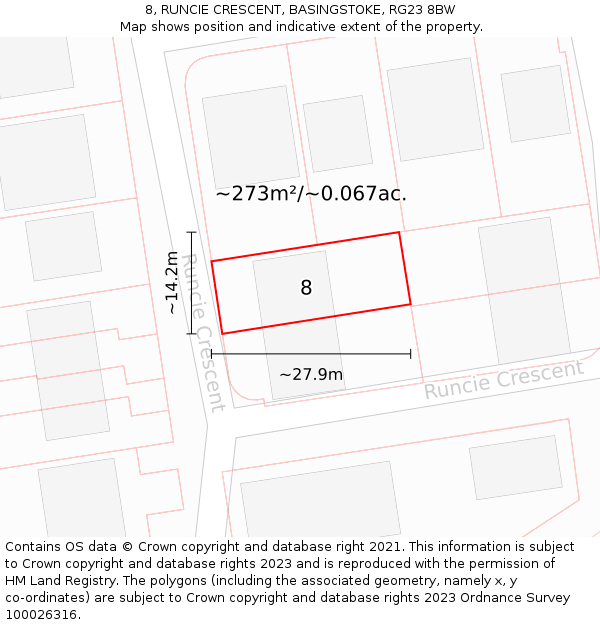 8, RUNCIE CRESCENT, BASINGSTOKE, RG23 8BW: Plot and title map