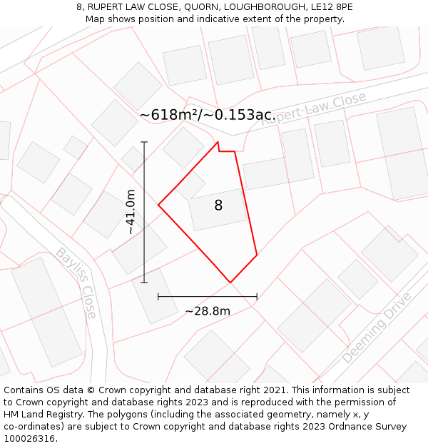 8, RUPERT LAW CLOSE, QUORN, LOUGHBOROUGH, LE12 8PE: Plot and title map