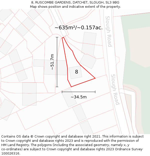 8, RUSCOMBE GARDENS, DATCHET, SLOUGH, SL3 9BG: Plot and title map
