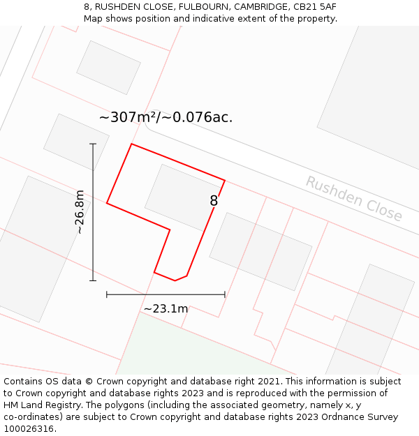 8, RUSHDEN CLOSE, FULBOURN, CAMBRIDGE, CB21 5AF: Plot and title map