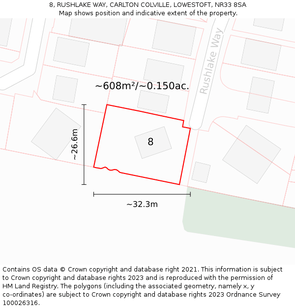 8, RUSHLAKE WAY, CARLTON COLVILLE, LOWESTOFT, NR33 8SA: Plot and title map