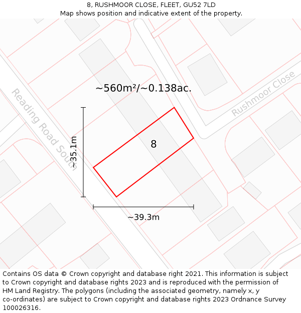 8, RUSHMOOR CLOSE, FLEET, GU52 7LD: Plot and title map