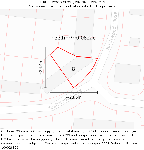 8, RUSHWOOD CLOSE, WALSALL, WS4 2HS: Plot and title map