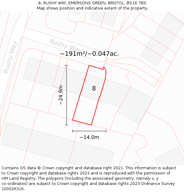 8, RUSHY WAY, EMERSONS GREEN, BRISTOL, BS16 7BS: Plot and title map