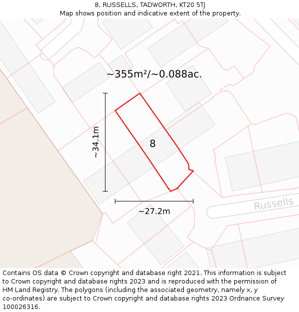 8, RUSSELLS, TADWORTH, KT20 5TJ: Plot and title map