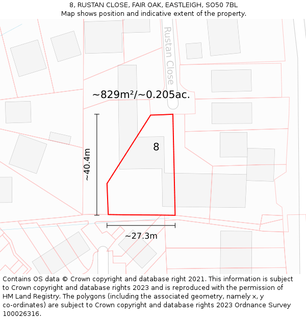8, RUSTAN CLOSE, FAIR OAK, EASTLEIGH, SO50 7BL: Plot and title map