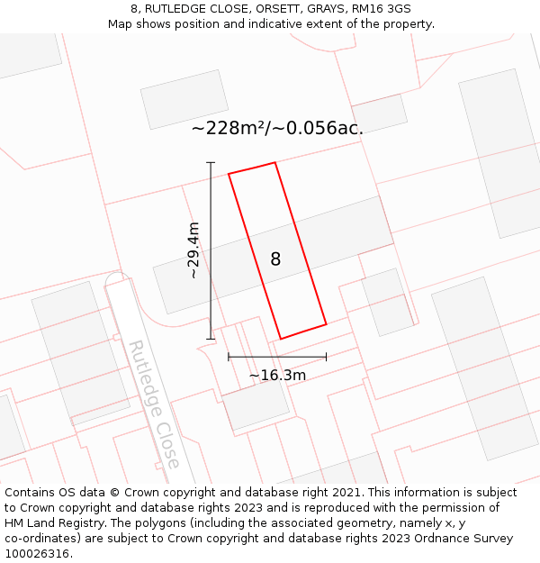8, RUTLEDGE CLOSE, ORSETT, GRAYS, RM16 3GS: Plot and title map
