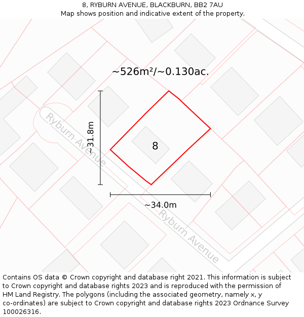 8, RYBURN AVENUE, BLACKBURN, BB2 7AU: Plot and title map