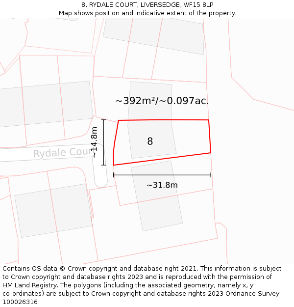 8, RYDALE COURT, LIVERSEDGE, WF15 8LP: Plot and title map
