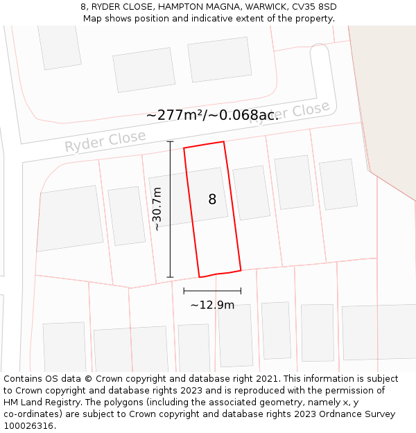 8, RYDER CLOSE, HAMPTON MAGNA, WARWICK, CV35 8SD: Plot and title map