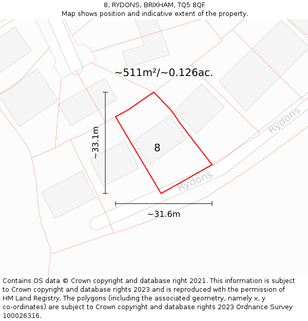 8, RYDONS, BRIXHAM, TQ5 8QF: Plot and title map