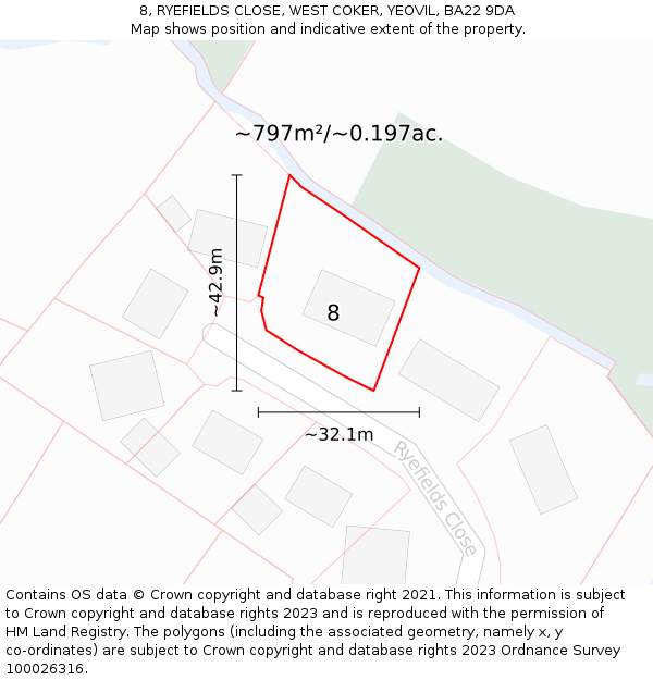 8, RYEFIELDS CLOSE, WEST COKER, YEOVIL, BA22 9DA: Plot and title map