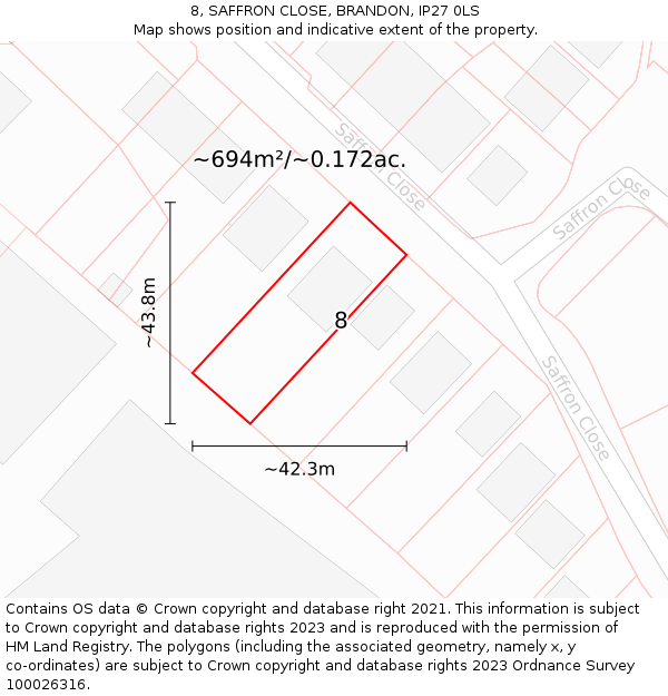 8, SAFFRON CLOSE, BRANDON, IP27 0LS: Plot and title map