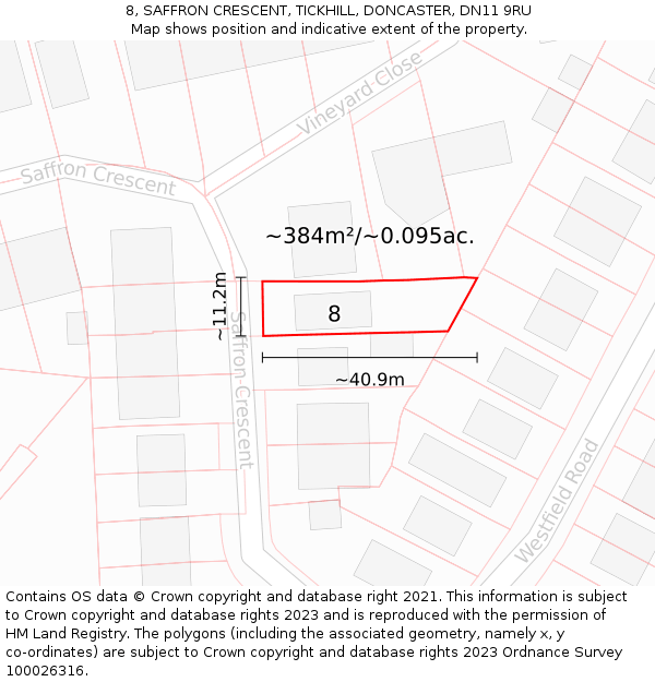 8, SAFFRON CRESCENT, TICKHILL, DONCASTER, DN11 9RU: Plot and title map