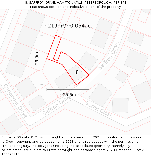 8, SAFFRON DRIVE, HAMPTON VALE, PETERBOROUGH, PE7 8PE: Plot and title map