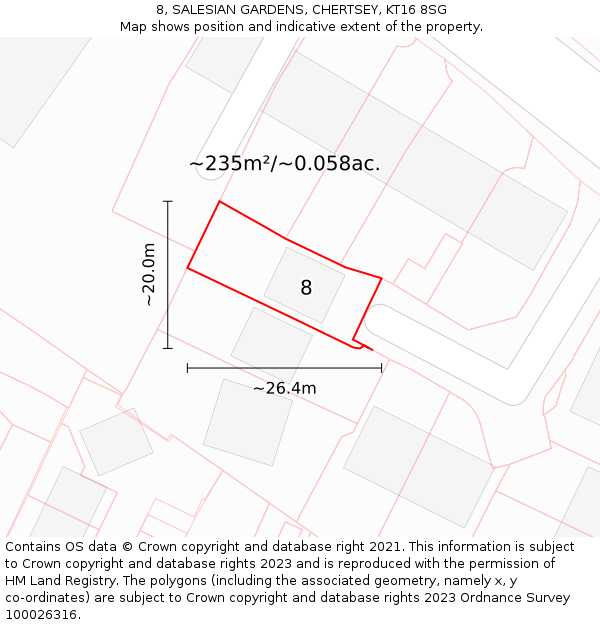 8, SALESIAN GARDENS, CHERTSEY, KT16 8SG: Plot and title map