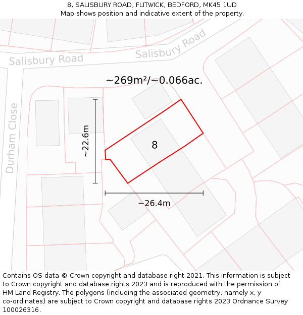 8, SALISBURY ROAD, FLITWICK, BEDFORD, MK45 1UD: Plot and title map