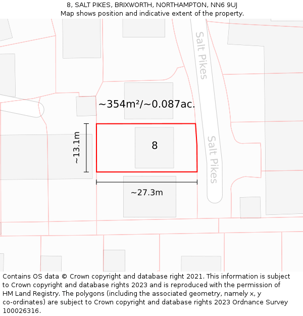 8, SALT PIKES, BRIXWORTH, NORTHAMPTON, NN6 9UJ: Plot and title map