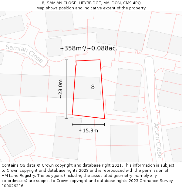 8, SAMIAN CLOSE, HEYBRIDGE, MALDON, CM9 4PQ: Plot and title map