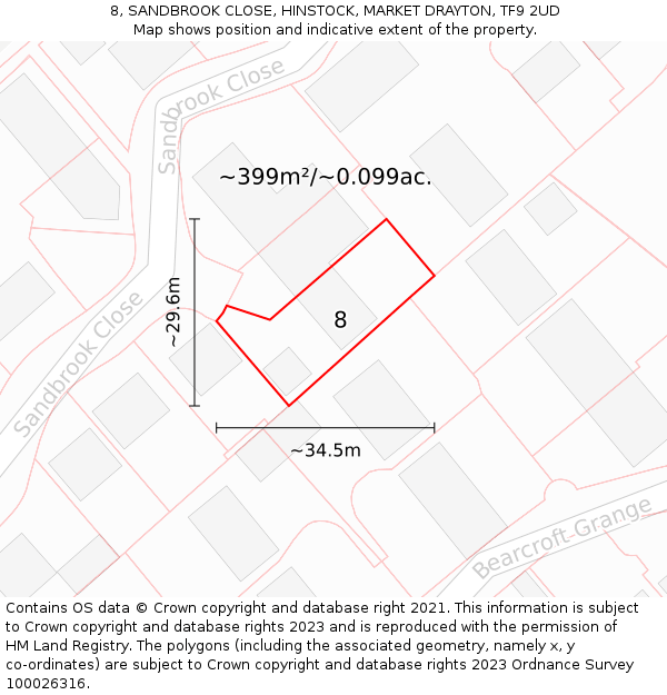 8, SANDBROOK CLOSE, HINSTOCK, MARKET DRAYTON, TF9 2UD: Plot and title map
