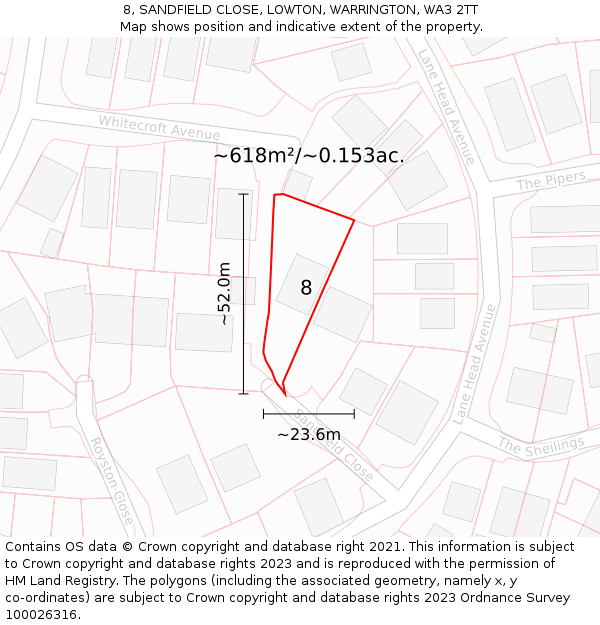 8, SANDFIELD CLOSE, LOWTON, WARRINGTON, WA3 2TT: Plot and title map