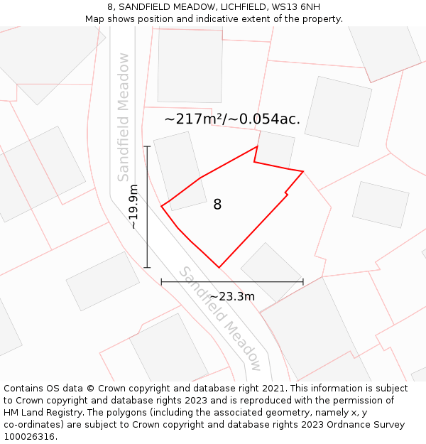8, SANDFIELD MEADOW, LICHFIELD, WS13 6NH: Plot and title map