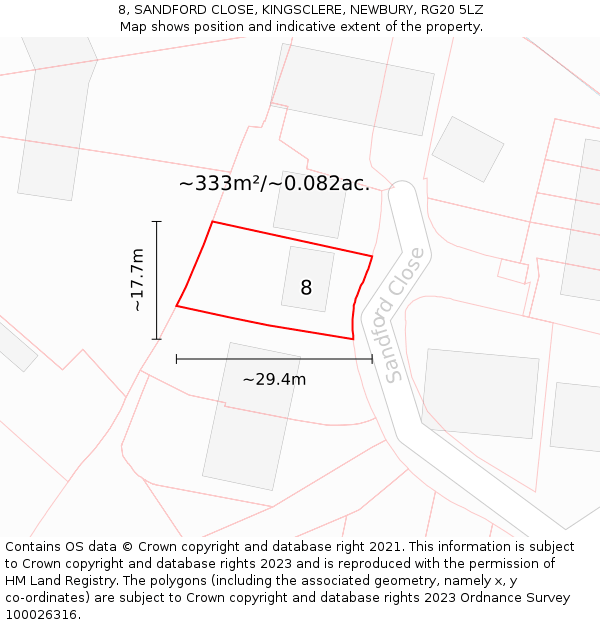 8, SANDFORD CLOSE, KINGSCLERE, NEWBURY, RG20 5LZ: Plot and title map