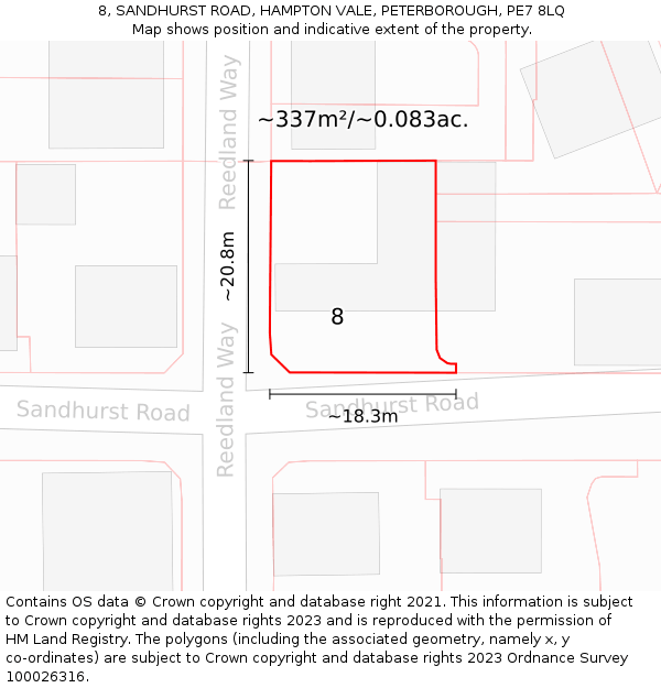 8, SANDHURST ROAD, HAMPTON VALE, PETERBOROUGH, PE7 8LQ: Plot and title map