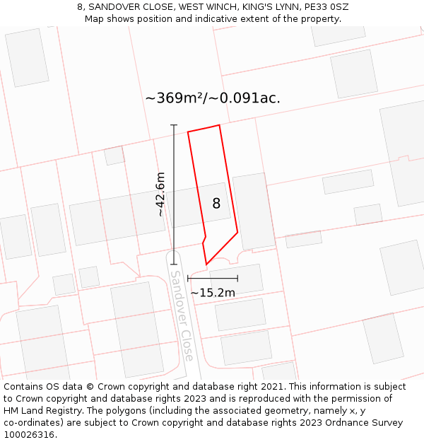 8, SANDOVER CLOSE, WEST WINCH, KING'S LYNN, PE33 0SZ: Plot and title map