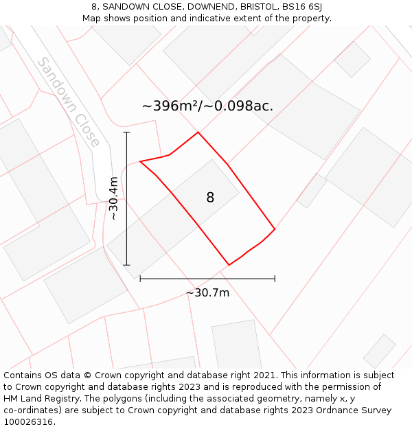 8, SANDOWN CLOSE, DOWNEND, BRISTOL, BS16 6SJ: Plot and title map