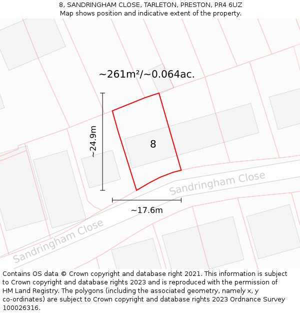 8, SANDRINGHAM CLOSE, TARLETON, PRESTON, PR4 6UZ: Plot and title map