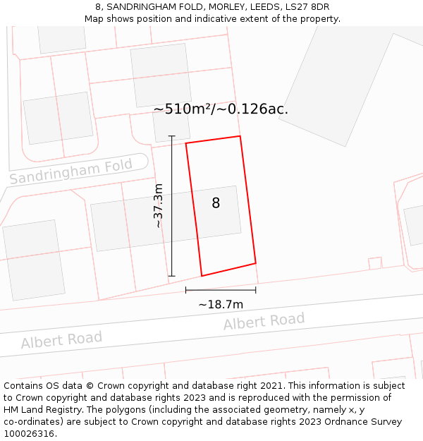 8, SANDRINGHAM FOLD, MORLEY, LEEDS, LS27 8DR: Plot and title map