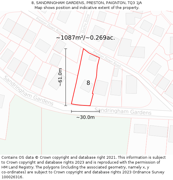 8, SANDRINGHAM GARDENS, PRESTON, PAIGNTON, TQ3 1JA: Plot and title map
