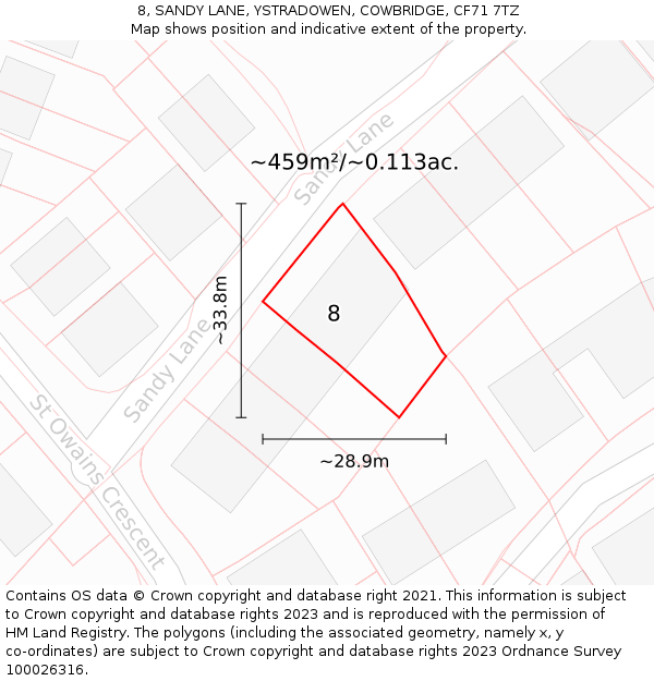 8, SANDY LANE, YSTRADOWEN, COWBRIDGE, CF71 7TZ: Plot and title map