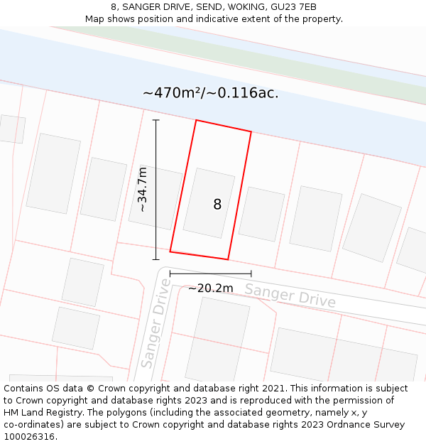 8, SANGER DRIVE, SEND, WOKING, GU23 7EB: Plot and title map