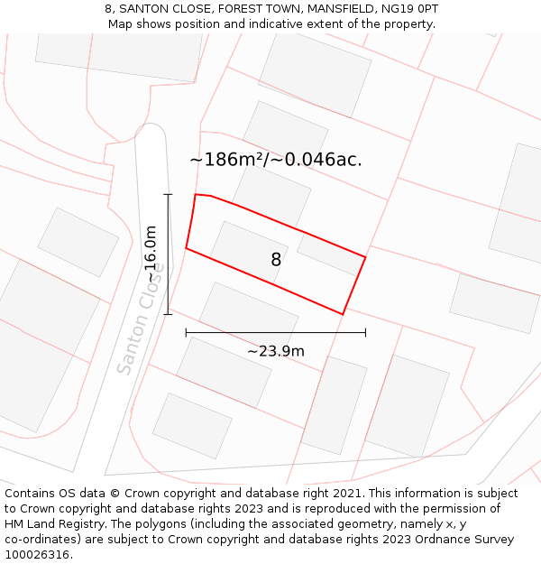 8, SANTON CLOSE, FOREST TOWN, MANSFIELD, NG19 0PT: Plot and title map