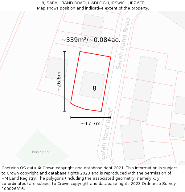 8, SARAH RAND ROAD, HADLEIGH, IPSWICH, IP7 6FF: Plot and title map