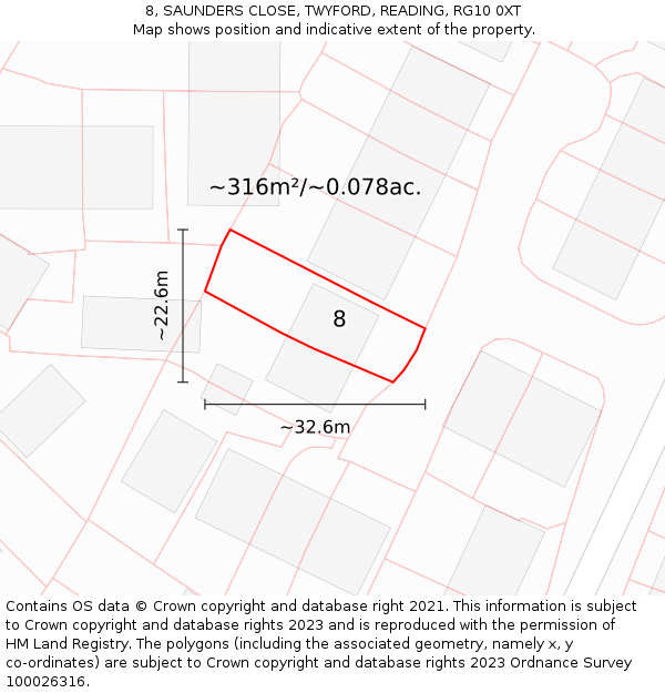 8, SAUNDERS CLOSE, TWYFORD, READING, RG10 0XT: Plot and title map