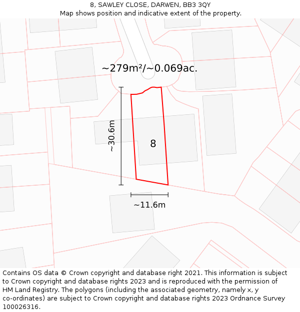 8, SAWLEY CLOSE, DARWEN, BB3 3QY: Plot and title map