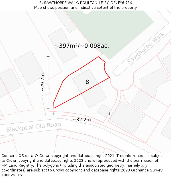 8, SAWTHORPE WALK, POULTON-LE-FYLDE, FY6 7FX: Plot and title map