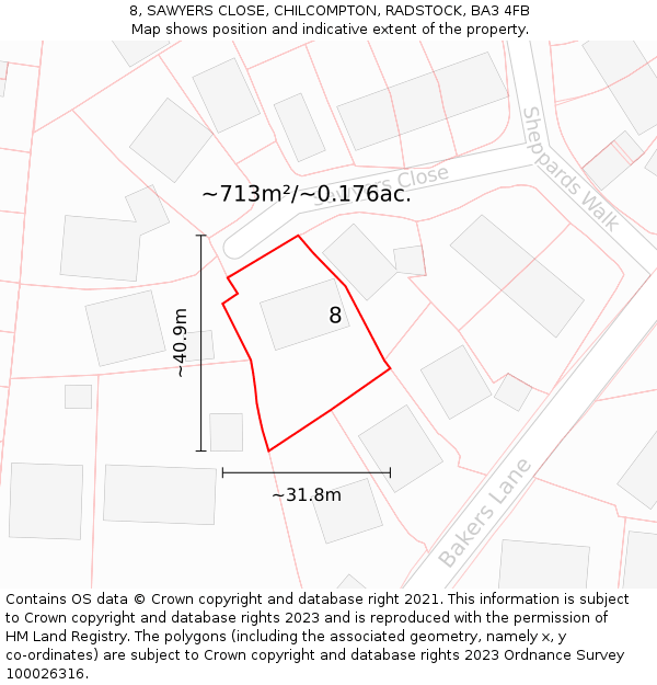 8, SAWYERS CLOSE, CHILCOMPTON, RADSTOCK, BA3 4FB: Plot and title map