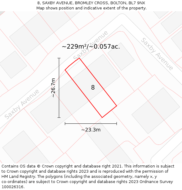 8, SAXBY AVENUE, BROMLEY CROSS, BOLTON, BL7 9NX: Plot and title map