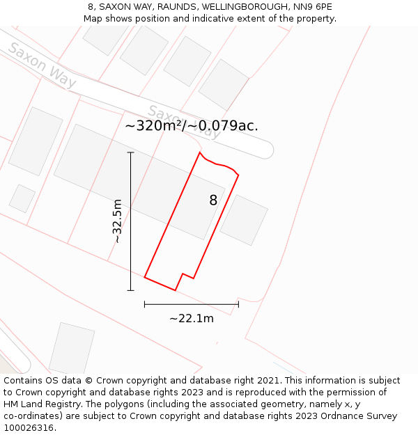 8, SAXON WAY, RAUNDS, WELLINGBOROUGH, NN9 6PE: Plot and title map