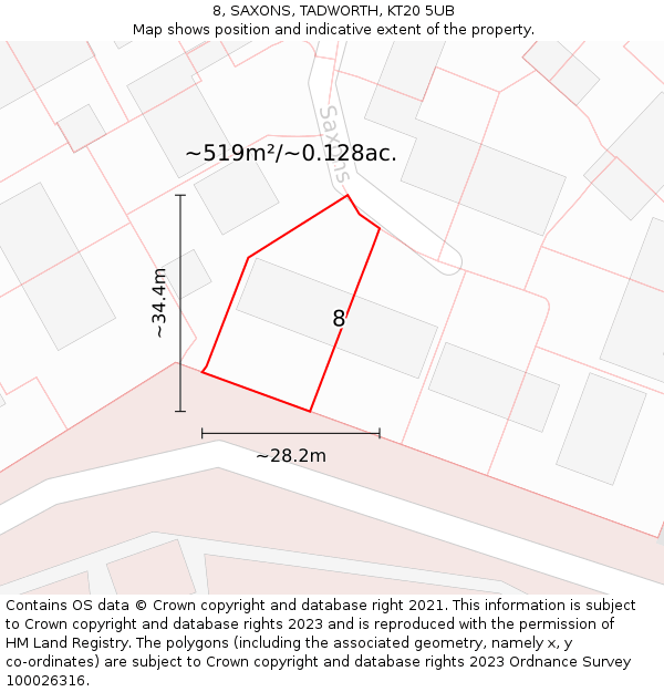 8, SAXONS, TADWORTH, KT20 5UB: Plot and title map