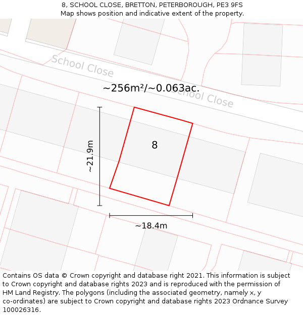 8, SCHOOL CLOSE, BRETTON, PETERBOROUGH, PE3 9FS: Plot and title map